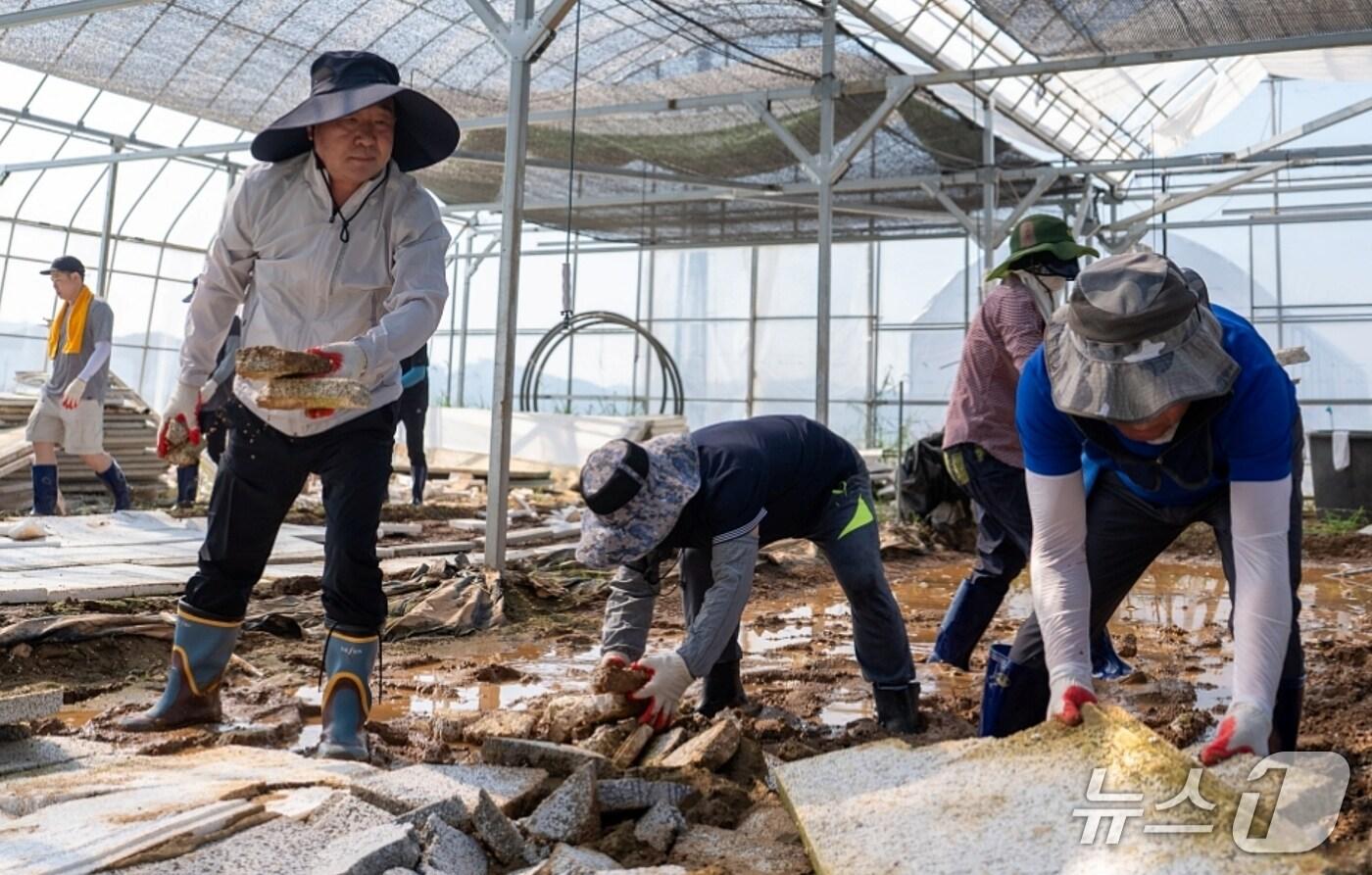 충북 증평군은 29일 충남 예산군을 찾아 집중호우로 피해를 본 주민을 돕기 위해 수해 복구 자원봉사활동을 펼쳤다.(증평군 제공, 재판매 및 DB금지)/뉴스1