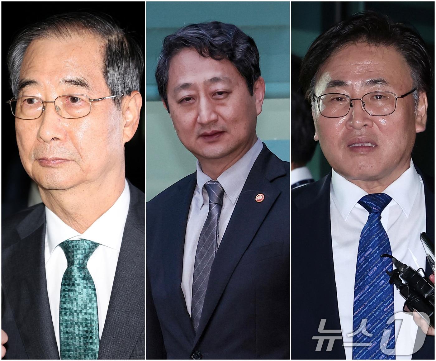 본문 이미지 - 한덕수 전 국무총리(왼쪽부터), 안덕근 산업통상자원부 장관, 유상임 과학기술정보통신부 장관이 2일 서울 서초구 서울고등검찰청에 마련된 내란특검 사무실에서 조사를 받은 후 귀가하고 있다. 2025.7.3/뉴스1 ⓒ News1 김성진 기자