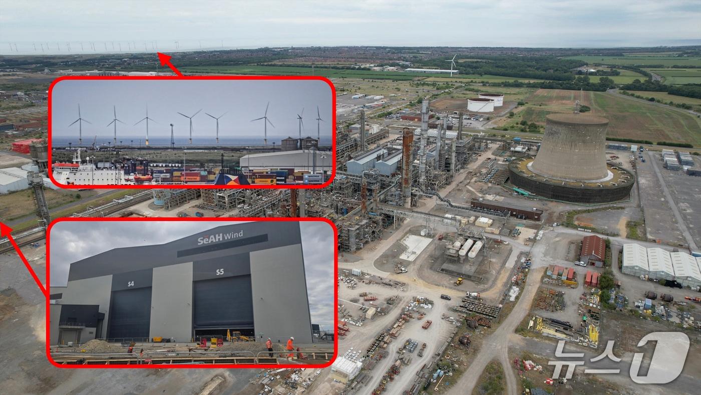 지난 6월 25일 영국 북잉글랜드 미들즈브러(Middlesbrough)의 티스웍스(Teesworks) 산업단지 인근. 높게 솟은 소각로(사진 왼쪽 상단) 너머로 해상풍력발전(왼쪽 상단)이 끝없이 서있다. 세아그룹 영국 자회사 '세아윈드'(SeAH Wind, 사진 왼쪽 하단)도 이곳에서 사업을 벌이고 있다. ⓒ 뉴스1 황덕현 기자