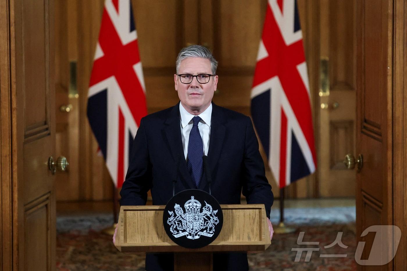 지난 7월 29일&#40;현지시간&#41; 키어 스타머 영국 총리가 런던 다우닝가 10번지 총리관저에서 팔레스타인과 가자전쟁 관련 성명을 발표하고 있다. 2025.07.29 ⓒ 로이터=뉴스1 ⓒ News1 김지완 기자