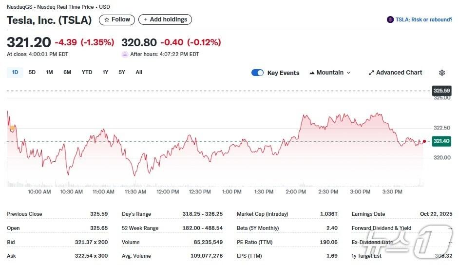 본문 이미지 - 테슬라 일일 주가추이 - 야후 파이낸스 갈무리