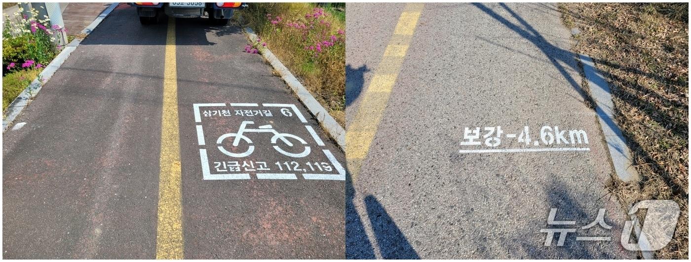 충북 증평군이 보강천 산책길과 오천·삼기천 자전거도로 총연장 23㎞ 구간에 위치정보를 담은 노면표시를 했다.(증평군 제공, 재판매 및 DB금지)/뉴스1