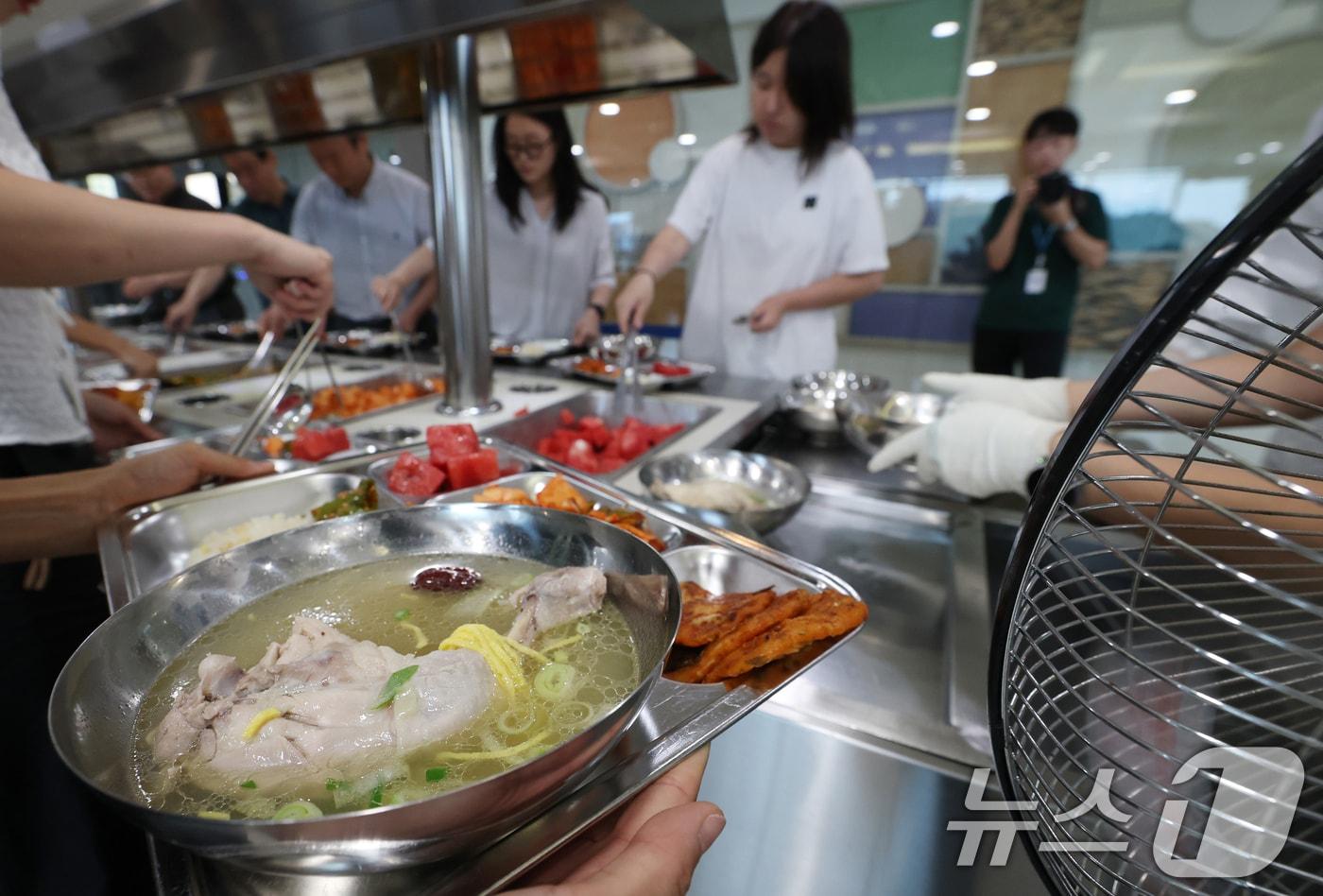 중복&#40;中伏&#41;인 30일 경기 수원시 장안구청 구내식당에서 열린 복달임 행사에서 구청 직원들이 삼계탕을 배식받고 있다. 2025.7.30 &#40;사진은 기사 내용과 무관함&#41;/뉴스1 ⓒ News1 김영운 기자