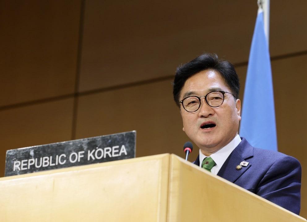 본문 이미지 - 우원식 국회의장이 제6차 세계 국회의장 회의 일반토론에서 발언하고 있다. &#40;국회의장실 제공/뉴스1&#41;