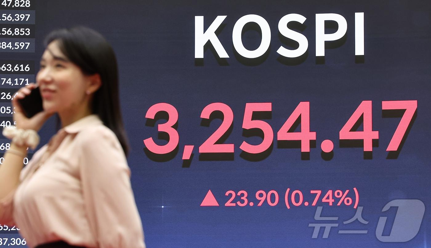 30일 서울 영등포구 한국거래소 전광판에 증시 종가가 표시되고 있다. 이날 코스피는 전 거래일 대비 23.90포인트&#40;0.74%&#41; 상승한 3254.47, 코스닥은 0.78포인트&#40;0.10%&#41; 하락한 803.67으로 장을 마쳤다. 2025.7.30/뉴스1 ⓒ News1 김도우 기자