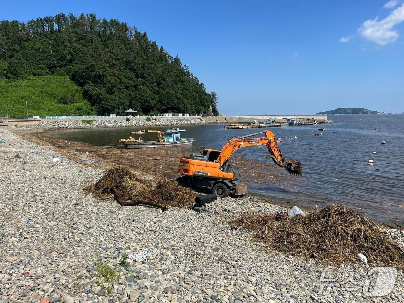 본문 이미지 - 경남지역 한 해안가에서 포클레인이 해양쓰레기를 수거하고 있다.&#40;경남도 제공. 재판매 및 DB금지&#41;