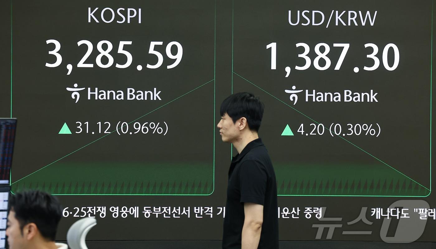 31일 오전 서울 중구 하나은행 딜링룸 전광판에 개장 시황이 나오고 있다.  2025.7.31/뉴스1 ⓒ News1 김도우 기자