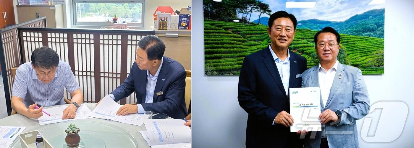 김한종 전남 장성군수가 서삼석 국회의원&#40;왼쪽&#41;과 문금주 국회의원을 잇따라 만나 국고사업을 건의하고 있다.&#40;장성군 제공. 재배포 및 DB 금지&#41;