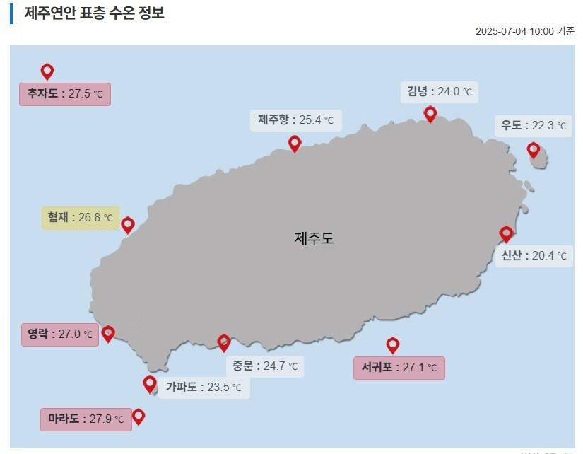 본문 이미지 - 제주도 해양수산연구원의 실시간 제주연안 표층 수온 정보.(제주도 해양수산연구원 홈페이지 갈무리. 재판매 및 DB 금지)/뉴스1  
