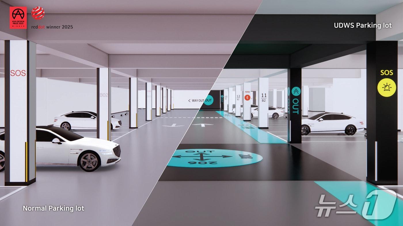 지하 주차장 길찾기 시스템 적용 전후 비교 사진 (현대건설 제공)