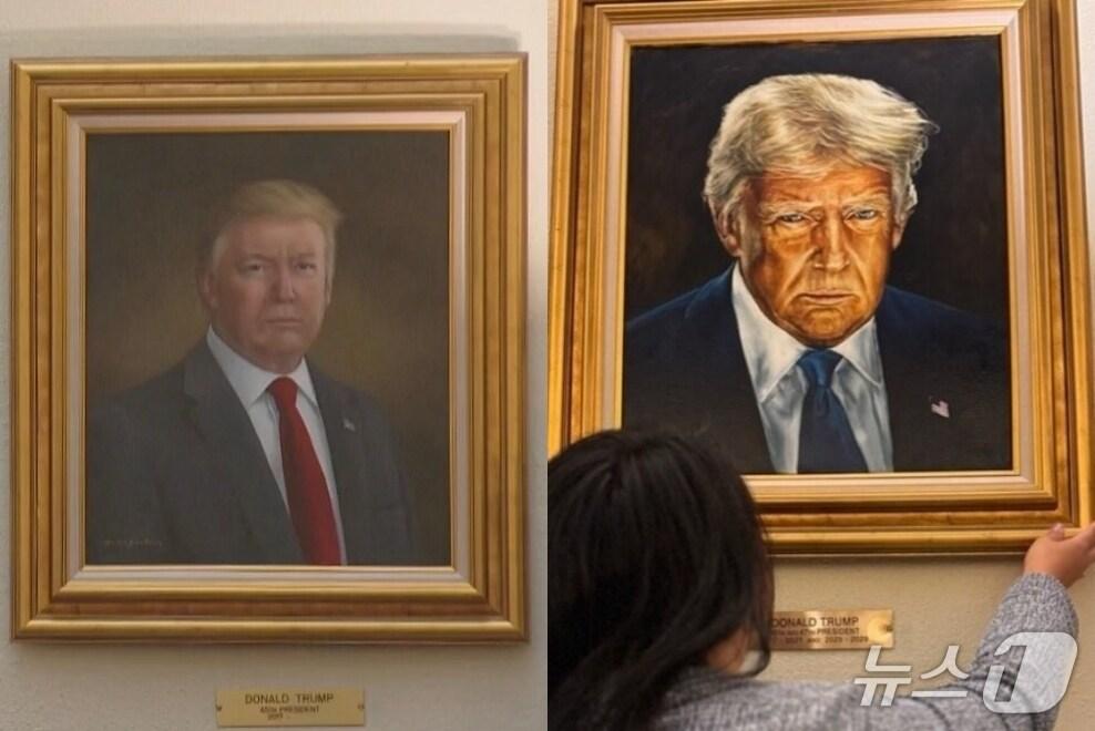 본문 이미지 - 미국 콜로라도 주의회 의사당에 걸려 있던 도널드 트럼프 미국 대통령의 옛 초상화(왼쪽)와 새로운 초상화. (사진=트루스소셜 @realDonaldTrump)