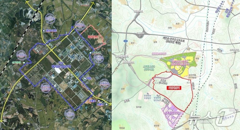 본문 이미지 - 산업단지 구역계 및 유치업종 배치계획도. 익산 제3일반산업단지 확장사업&#40;왼쪽&#41;과 김제 지평선 제2일반산업단지 신규 조성계획&#40;오른쪽&#41;.&#40;전북도 제공. 재판매 및 DB금지&#41;/뉴스1 