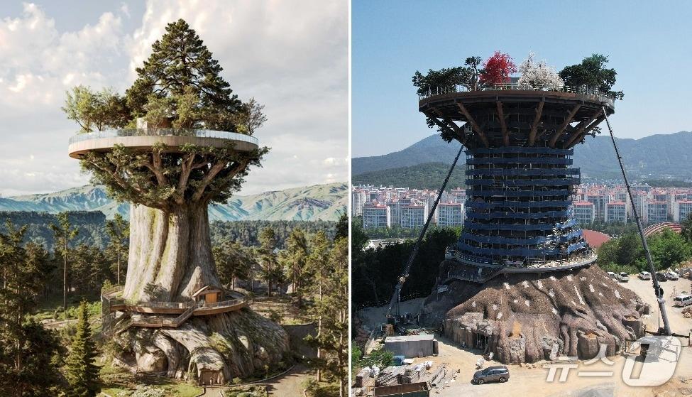 본문 이미지 - 창원시의 랜드마크가 될 것으로 기대를 모았던 초대형 인공나무 '빅트리'의 당초 조감도(왼쪽)와 막바지 공사가 진행 중인 빅트리 최근 모습(창원시 제공. 재판매 및 DB 금지)