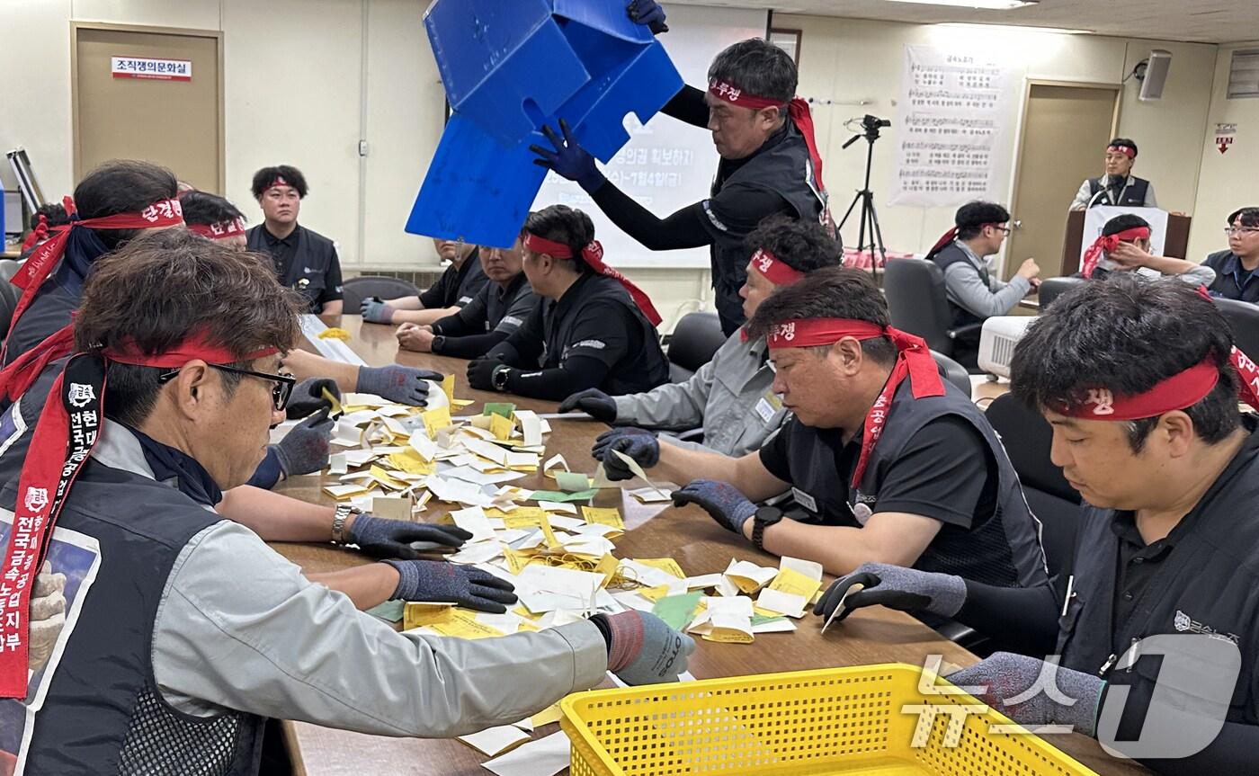 4일 울산시 동구 HD현대중공업 노동조합 지부 대회의실에서 파업 찬반투표 개표가 진행되고 있다. &#40;금속노동조합 현대중공업 지부 제공. 재판매 및 DB 금지&#41; 2025.7.4/뉴스1 ⓒ News1 