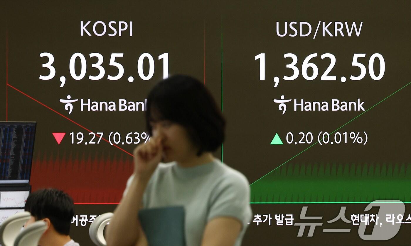 미국 트럼프 정부의 국가별 상호관세 유예 만료를 앞둔 7일 오전 서울 중구 하나은행 딜링룸 전광판에 개장 시황이 나오고 있다. 2025.7.7/뉴스1 ⓒ News1 김민지 기자