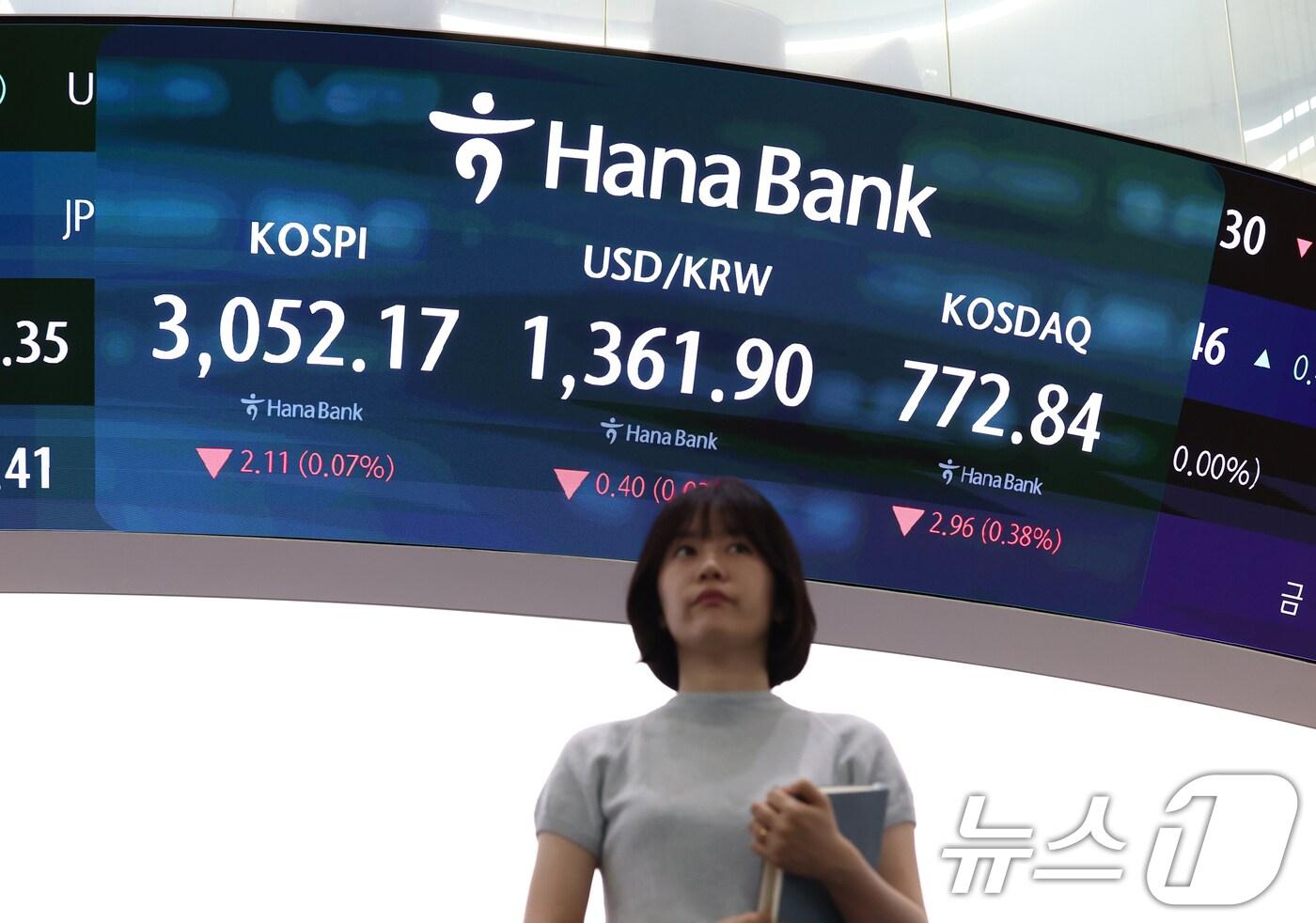 미국 트럼프 정부의 국가별 상호관세 유예 만료를 앞둔 7일 오전 서울 중구 하나은행 딜링룸 전광판에 개장 시황이 나오고 있다. 2025.7.7/뉴스1 ⓒ News1 김민지 기자