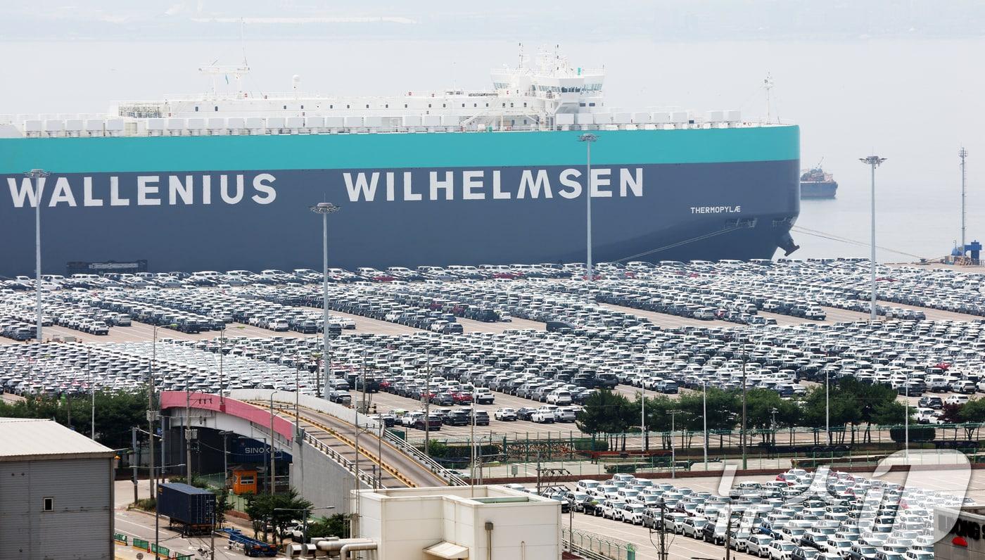 본문 이미지 -  7일 오후 경기 평택시 포승읍 평택항에 수출용 차량들이 세워져 있는 모습. 2025.7.7 ⓒ 뉴스1 김영운 기자