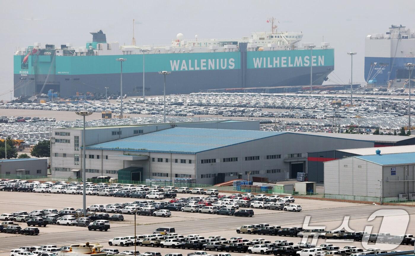  7일 오후 경기 평택시 포승읍 평택항에 수출용 차량들이 세워져 있는 모습. 2025.7.7/뉴스1 ⓒ News1 김영운 기자