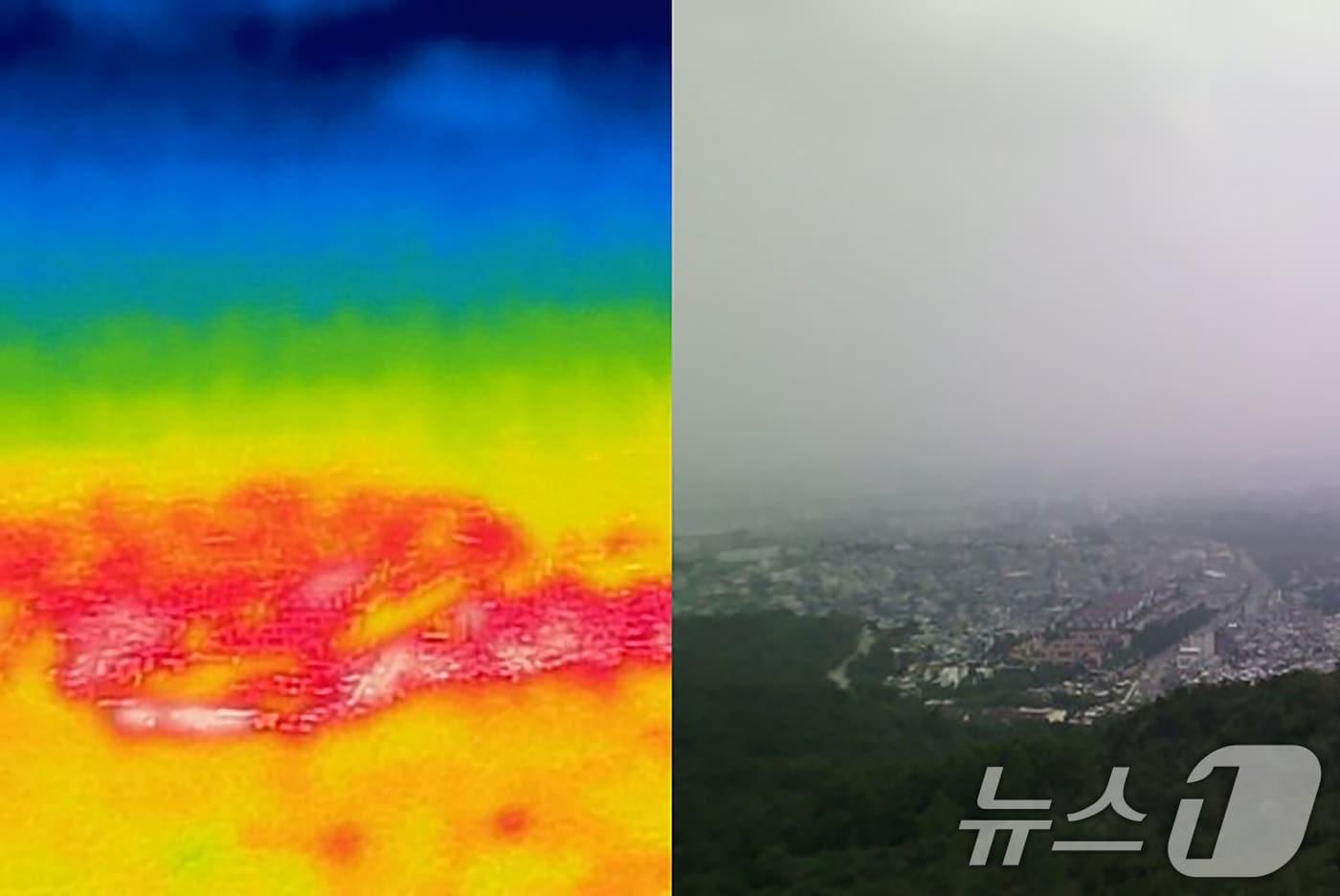 서울 전역에 올 여름 첫 폭염경보가 발령된 7일 서울 남산에서 열화상 카메라로 바라본 서울 도심이 높은 온도로 빨갛게 보이고 있다. 폭염경보는 일 최고 체감온도가 35도 이상인 상태가 이틀 이상 이어질 것으로 예상되거나 인명 피해가 우려되는 경우 내려진다. 이번 폭염경보는 지난해보다 18일 빠르게 발효됐다. 2025.7.7/뉴스1 ⓒ News1 이승배 기자