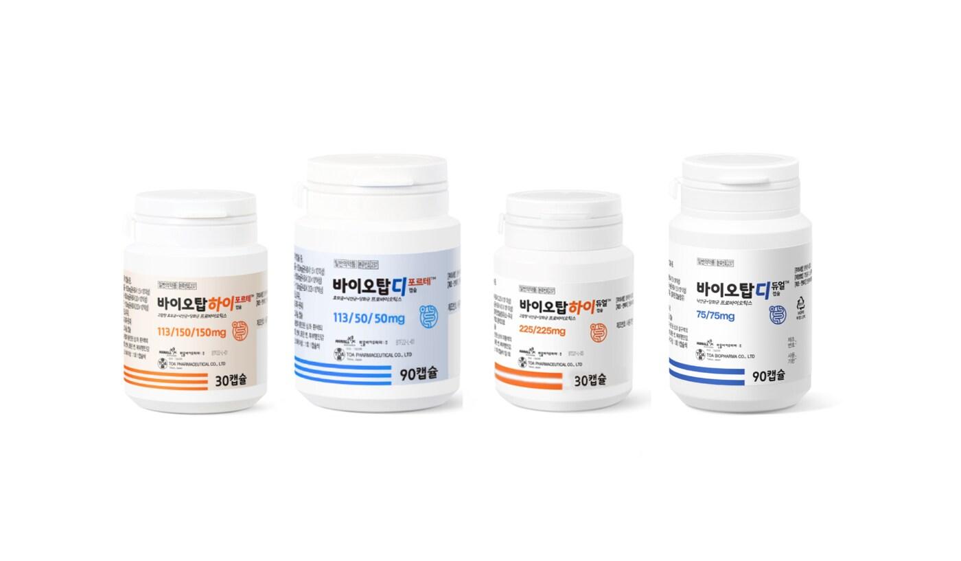 정장제 바이오탑 제품군(왼쪽부터 바이오탑 하이 포르테, 디 포르테, 하이 듀얼, 디 듀얼).(한올바이오파마 제공)/뉴스1