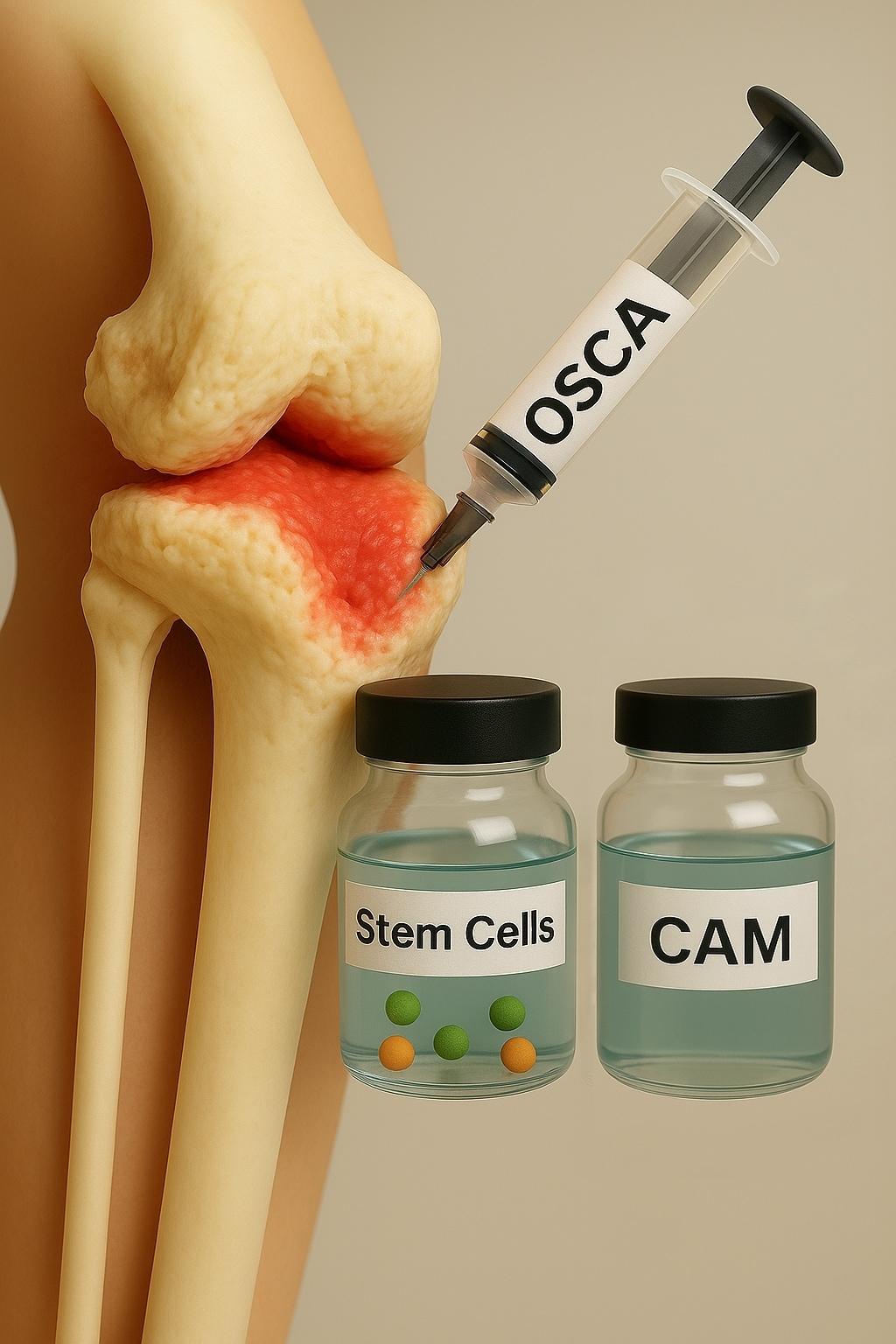 본문 이미지 -  제대혈 유래 중간엽 줄기세포와 무세포성 연골기질 &#39;CAM&#39;을 혼합한 첨단바이오융복합제제 &#39;오스카&#40;OSCA&#41;&#39;를 형상화한 AI 이미지컷. &#40;강스템바이오텍 제공&#41;