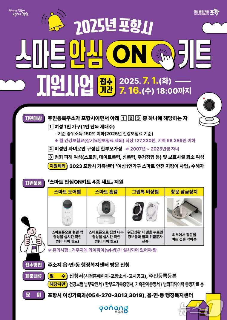 본문 이미지 - 8일 경북 포항시가 여성 스토킹 범죄 등을 예방하기 위해 여성 1인 가구와 한부모 가정 등에 스마트 안심ON 키트 지원사업을 추진한다고 밝혔다. (포항시제공, 제판매 및 DB금지) 2025.7.8/뉴스1 