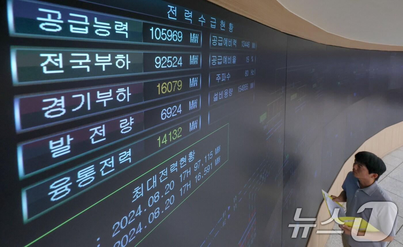 폭염이 이어지며 전력 수요가 급증하고 있는 8일 오후 경기 수원시 영통구 한국전력공사 경기본부 전력관리처 계통운영센터에서 관계자들이 전력수급상황을 주시하고 있다. (공동취재) 2025.7.8/뉴스1 ⓒ News1 김영운 기자