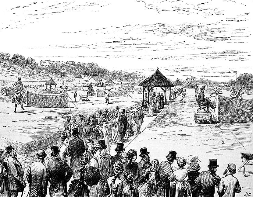 본문 이미지 - 제1회 윔블던 선수권 대회를 묘사한 삽화. (출처: H.W.P.Illustrated Sporting and Dramatic News, 1877, Public domain, via Wikimedia Commons)