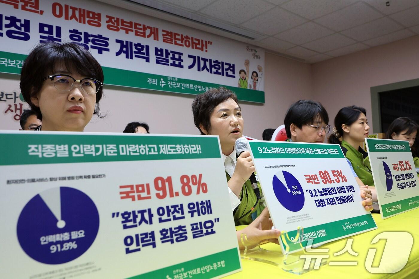 최희선 전국보건의료산업노동조합 위원장이 9일 오전 서울 영등포구 버드나루로 전국보건의료산업노동조합 생명홀에서 열린 산별총파업 동시 쟁의조정신청 보고 및 향후 계획 발표 기자회견에서 취지 발언을 하고 있다. 2025.7.9/뉴스1 ⓒ News1 박정호 기자