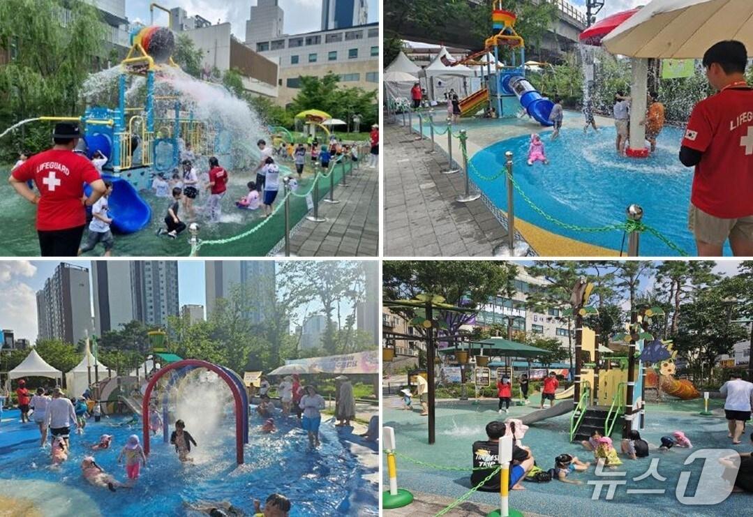 본문 이미지 - 지난해 어린이들이 가재울어린이공원, 문화촌어린이공원, 은가어린이공원, 중앙근린공원 물놀이터(왼쪽 위부터 시계 방향)를 이용하는 모습.(서대문구 제공)