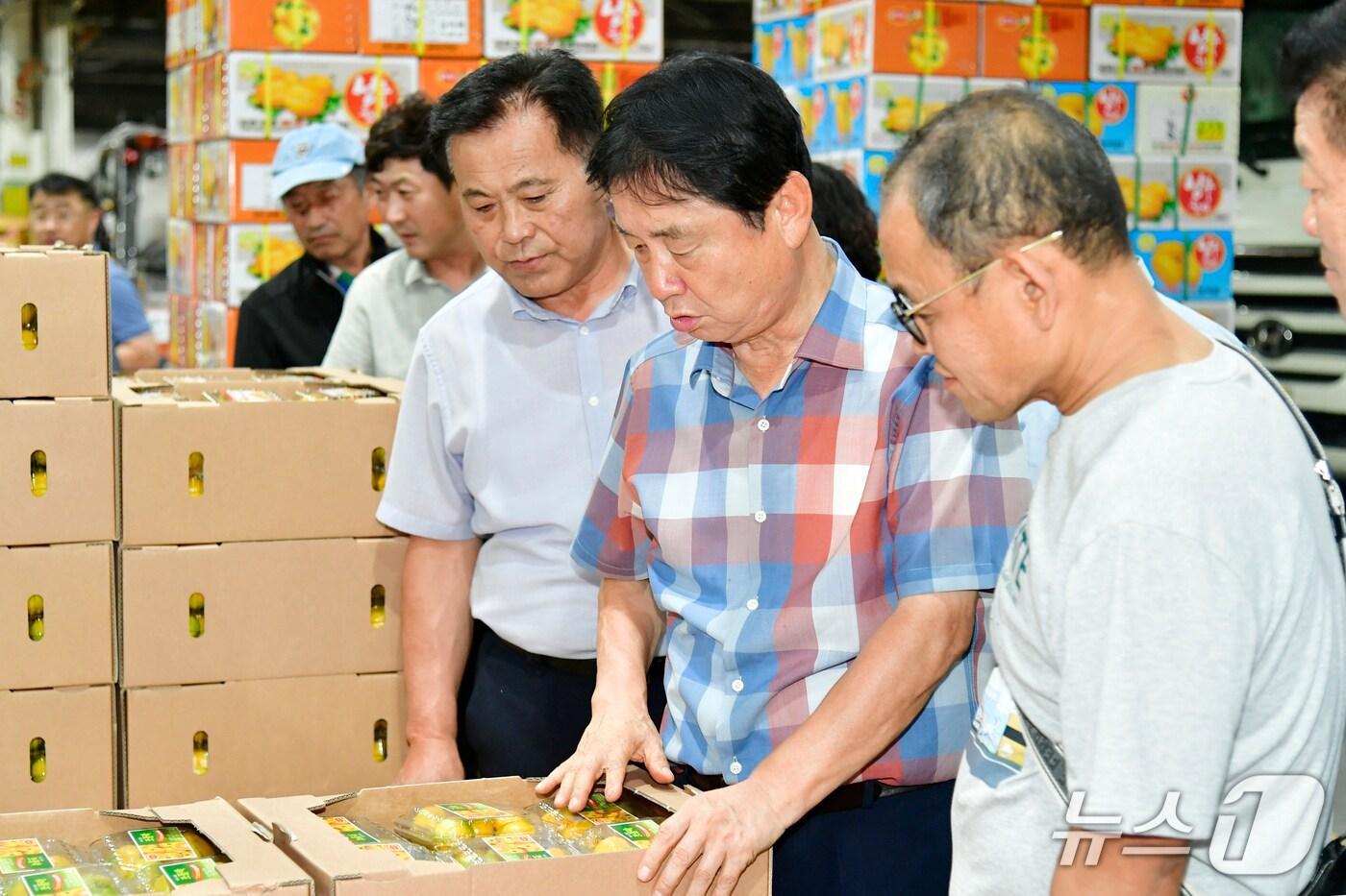최문순 화천군수가 지난 8일 밤 서울 가락동 농수산물 도매시장을 찾아 화천산 오이와 애호박 유통 현황을 점검하고 있다.(화천군 제공, 재판매 및 DB금지)