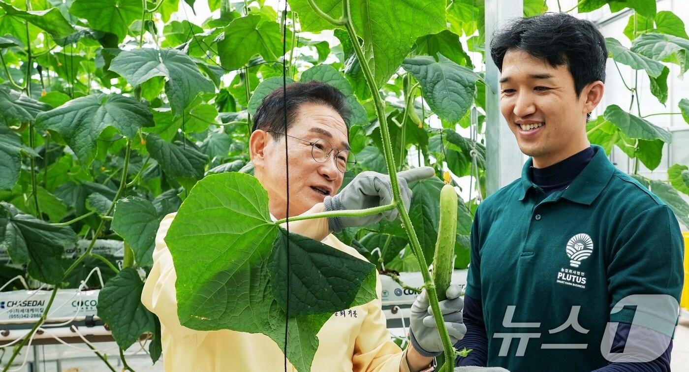 최기문 영천시장이 9일 지역특화 임대형 스마트팜에서 오이를 첫 수확한 청년농업인과 얘기를 나누고 있다. (영천시 제공. 재판매 및 DB금지)2025.7.9/뉴스1 ⓒ News1 정우용 기자