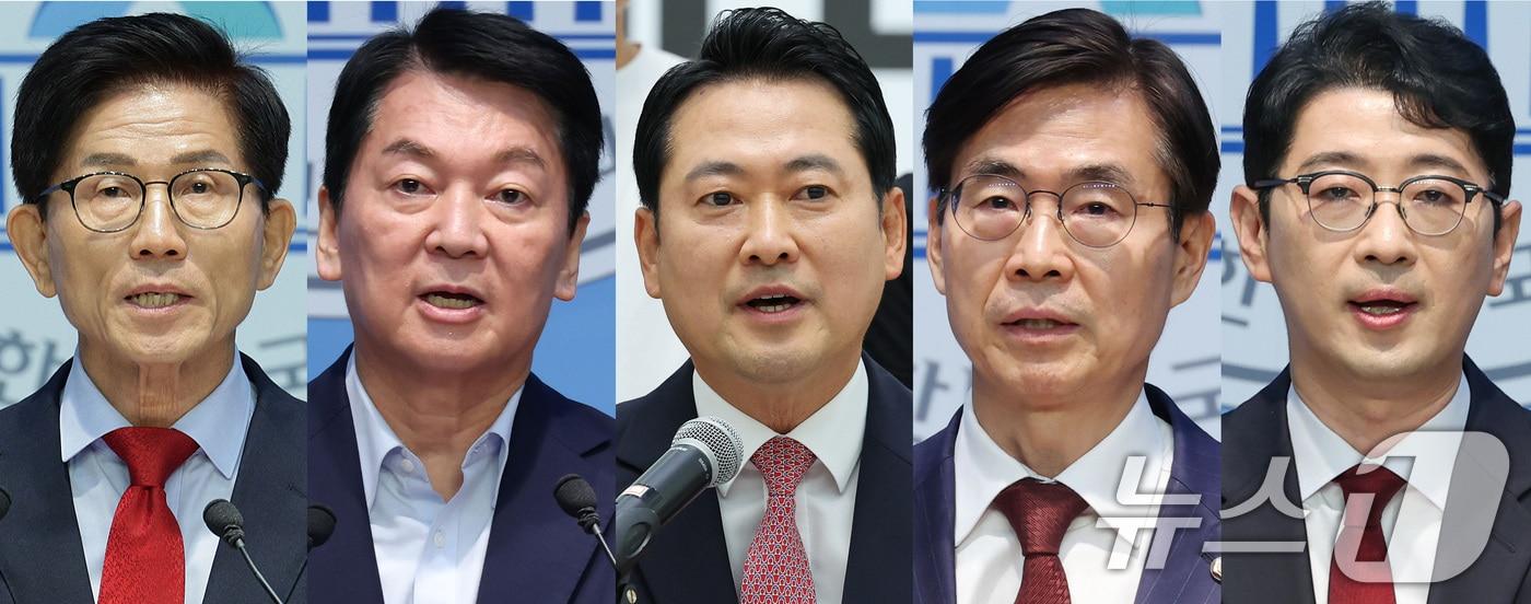 국민의힘 선거관리위원회는 8월 22일 치러질 전당대회의 예비경선에 당대표 후보 5인, 최고위원 후보 11인, 청년 최고위원 후보 4인이 진출한다고 1일 밝혔다. 왼쪽부터 가나다순으로 김문수, 안철수, 장동혁, 조경태, 주진우 당대표 후보. 2025.8.1/뉴스1 ⓒ News1 유승관 기자