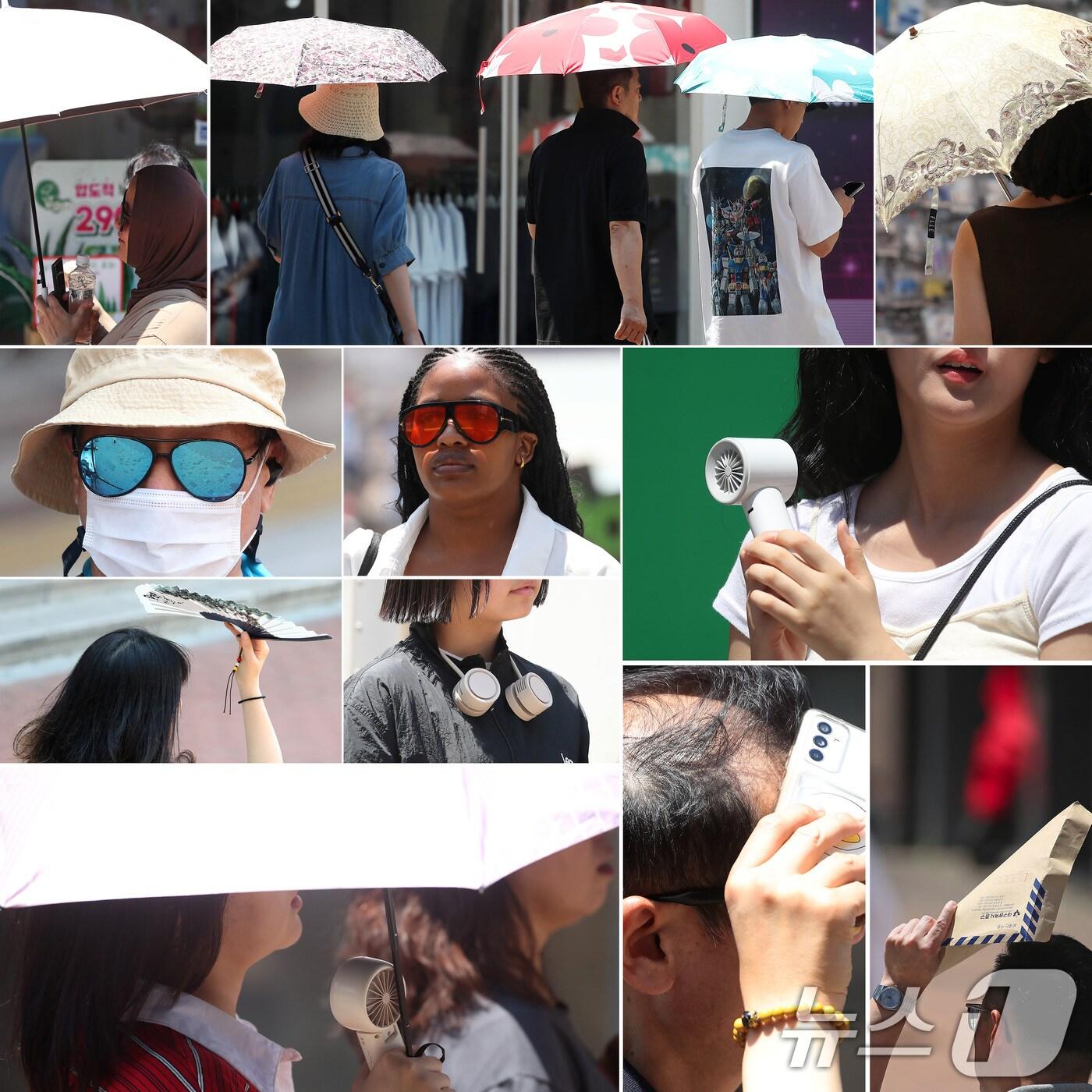 본문 이미지 - 폭염이 계속된 1일 대구 중구 동성로를 찾은 시민들이 양산과 휴대용 선풍기를 비롯해 선글라스, 시원한 음료, 부채 등 다양한 휴대품으로 뙤약볕을 가린 채 발걸음을 옮기고 있다. 2025.8.1/뉴스1 ⓒ News1 공정식 기자