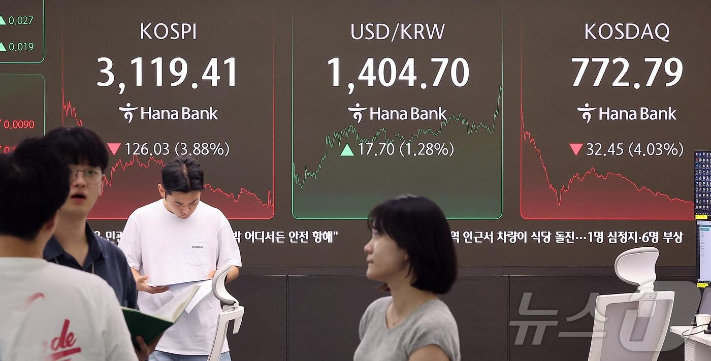 지난 1일 오후 서울 중구 하나은행 딜링룸 전광판에 마감 시황이 나오고 있다. 2025.8.1/뉴스1 ⓒ News1 김진환 기자