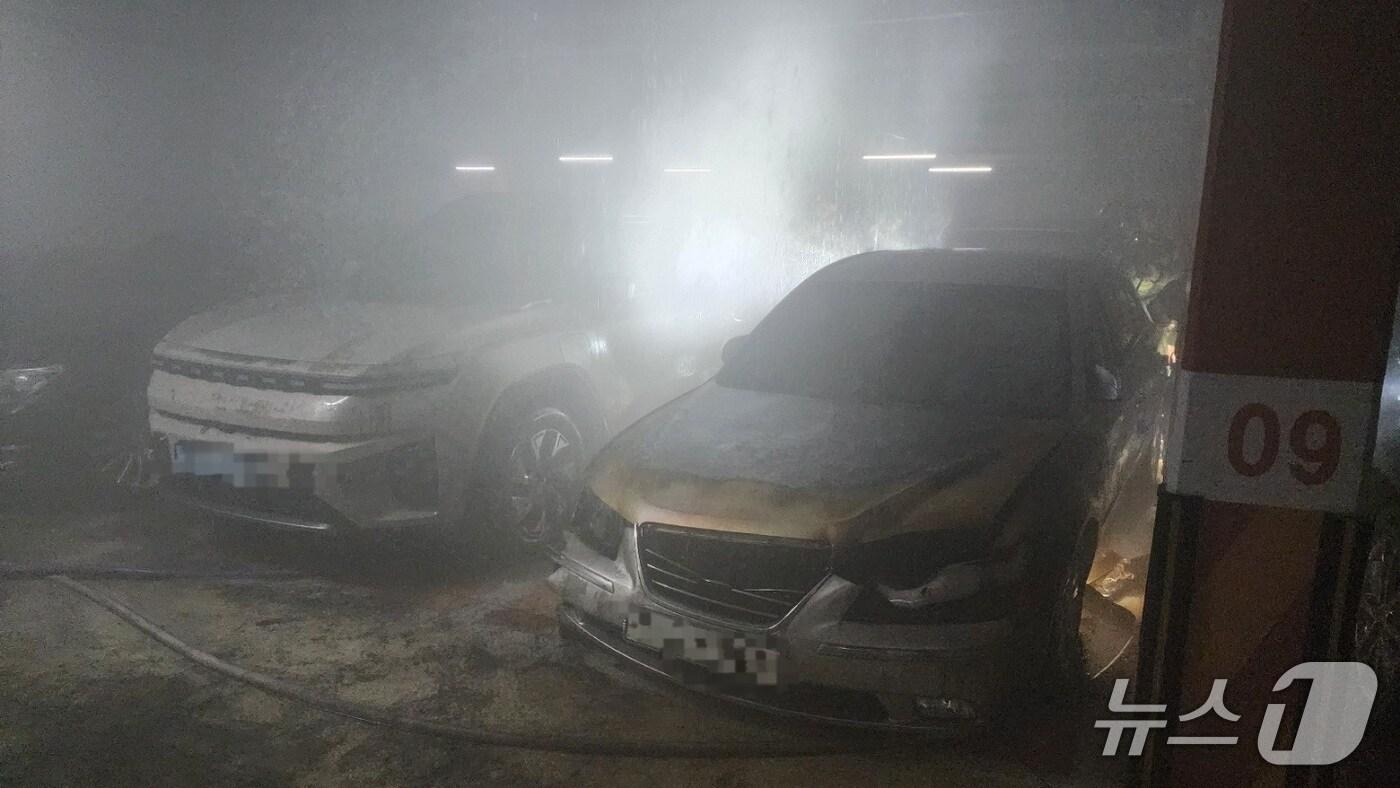 대전 유성구 아파트 지하주차장 차량에서 화재가 발생한 모습.(대전소방 제공, 재판매 및 DB금지)/뉴스1