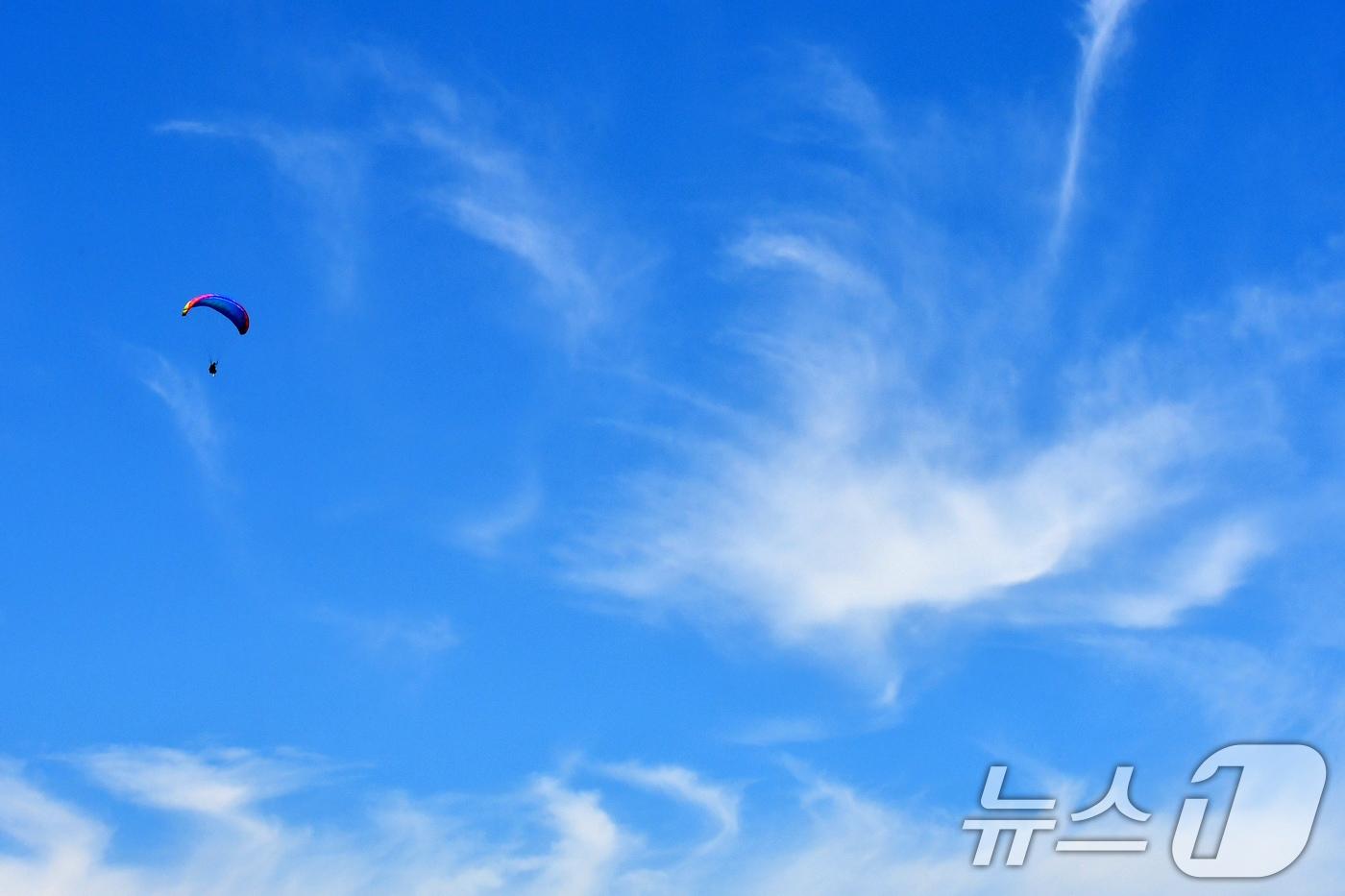 10일 경북 포항시 북구 흥해읍 곤륜산에서 페러글라이딩 동호인들이 푸른 하늘을 비행하고 있다. 2025.8.10/뉴스1 ⓒ News1 최창호 기자