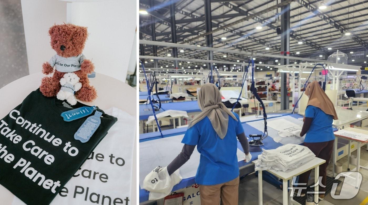 폐플라스틱으로 만든 원사로 티셔츠를 생산하는 모습&#40;우&#41;과 업사이틀링 된 티셔츠와 곰인형 완성품 모습 &#40;글로벌세아그룹 제공&#41;