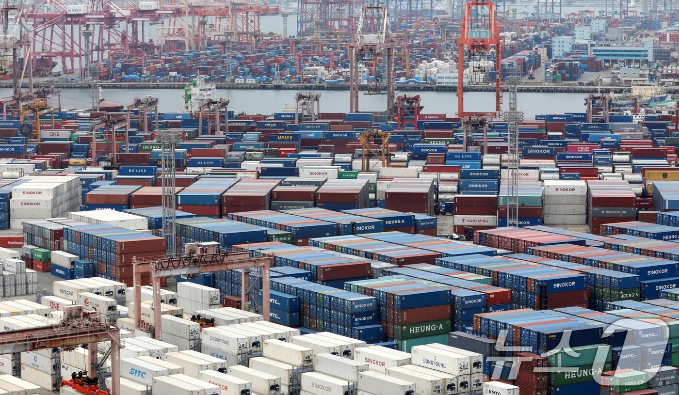 지난 11일 부산항 신선대부두와 감만부두 야적장에 컨테이너가 가득 쌓여 있는 모습. 2025.8.11/뉴스1 ⓒ News1 윤일지 기자