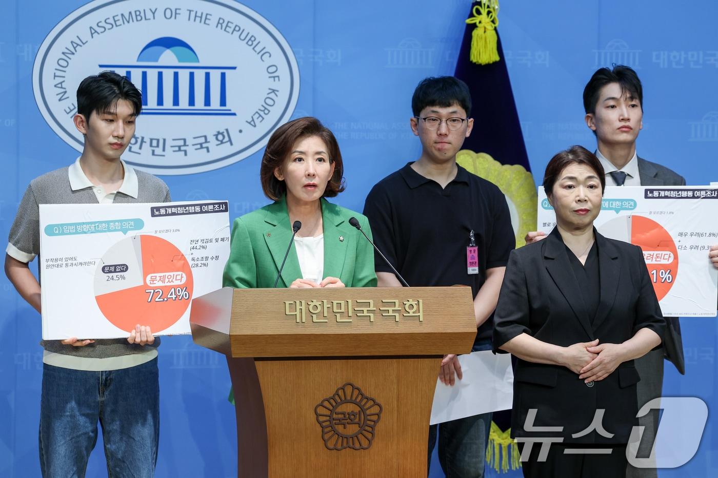 나경원 국민의힘 의원과 노동개혁청년행동이 12일 오전 서울 여의도 국회 소통관에서 오는 21일 본회의 상정을 앞둔 노란봉투법&#40;노동조합 및 노동관계조정법 2·3조 개정안&#41; 반대 기자회견을 하고 있다. 2025.8.12/뉴스1 ⓒ News1 안은나 기자