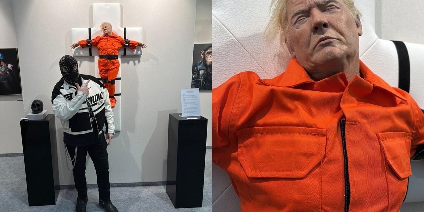 영국의 예술가 메이슨 스톰이 자신의 작품 '성인인가, 죄인인가'(Saint or Sinner) 앞에서 포즈를 취하고 있다. (사진=@masonstormgenius)