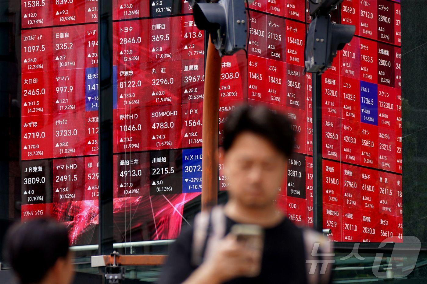 일본 도쿄증권거래소에서 닛케이 225 주가지수를 표시하는 전자 시세판이 실시간으로 주식 시장의 흐름을 보여주고 있다. 2025.8.12 ⓒ AFP=뉴스1