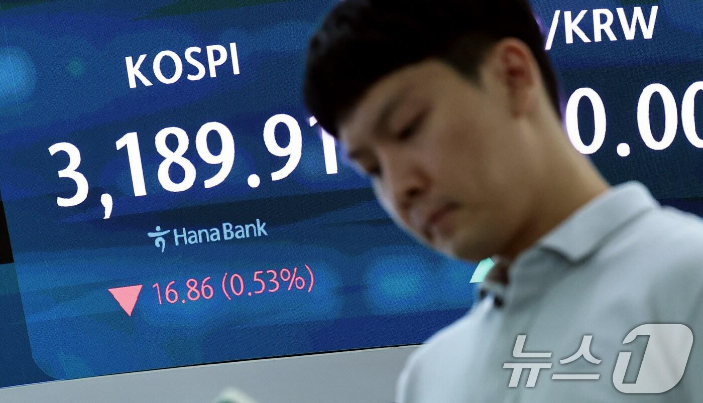 외국인과 기관의 매도세를 보인 12일 오후 서울 중구 하나은행 본점 딜링룸 전광판 화면에 증시가 표시되고 있다. 2025.8.12/뉴스1 ⓒ News1 구윤성 기자