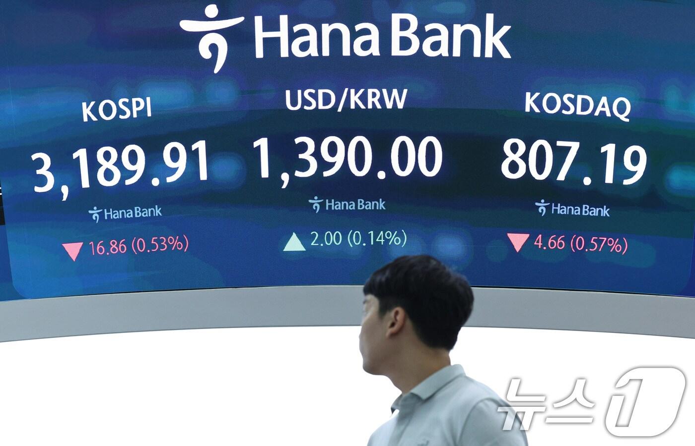 서울 중구 하나은행 본점 딜링룸 전광판./뉴스1 ⓒ News1 구윤성 기자