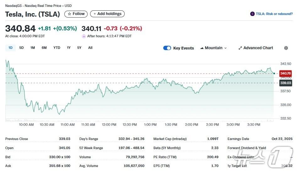 본문 이미지 - 테슬라 일일 주가추이 - 야후 파이낸스 갈무리