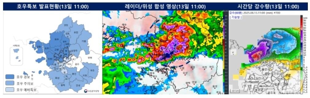 본문 이미지 - 기상청 호우특보 발효현황 및 시간당 강수량. &#40;기상청 날씨누리&#41;