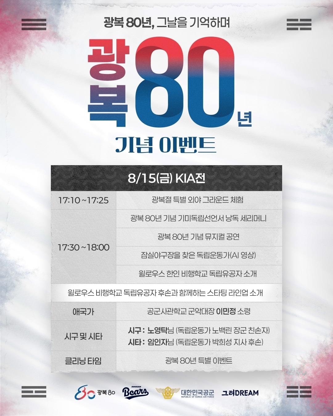 본문 이미지 - 두산 베어스가 15일 서울 잠실 구장에서 열리는 KIA 타이거즈와 정규시즌 맞대결에서 '광복 80년, 8.15 그날을 기억하며' 행사를 진행한다.(두산 베어스 제공)