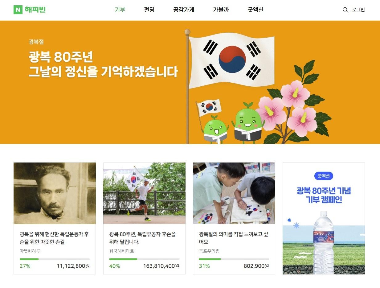 본문 이미지 - 네이버 해피빈의 광복 80주년 맞이 기부 캠페인 &#40;네이버 해피빈 홈페이지 캡처&#41;