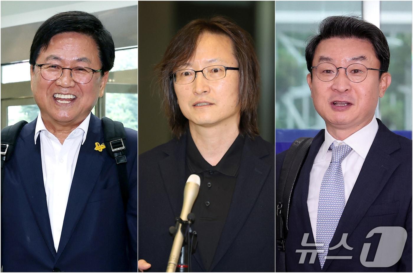 최교진 사회부총리 겸 교육부 장관 후보자&#40;왼쪽부터&#41;, 주병기 공정거래위원장 후보자, 이억원 금융위원장 후보자가 각각 14일 오전 인사청문회 준비 사무실로 출근하고 있다. 2025.8.14/뉴스1 ⓒ News1 김성진 기자,장수영 기자,권현진 기자