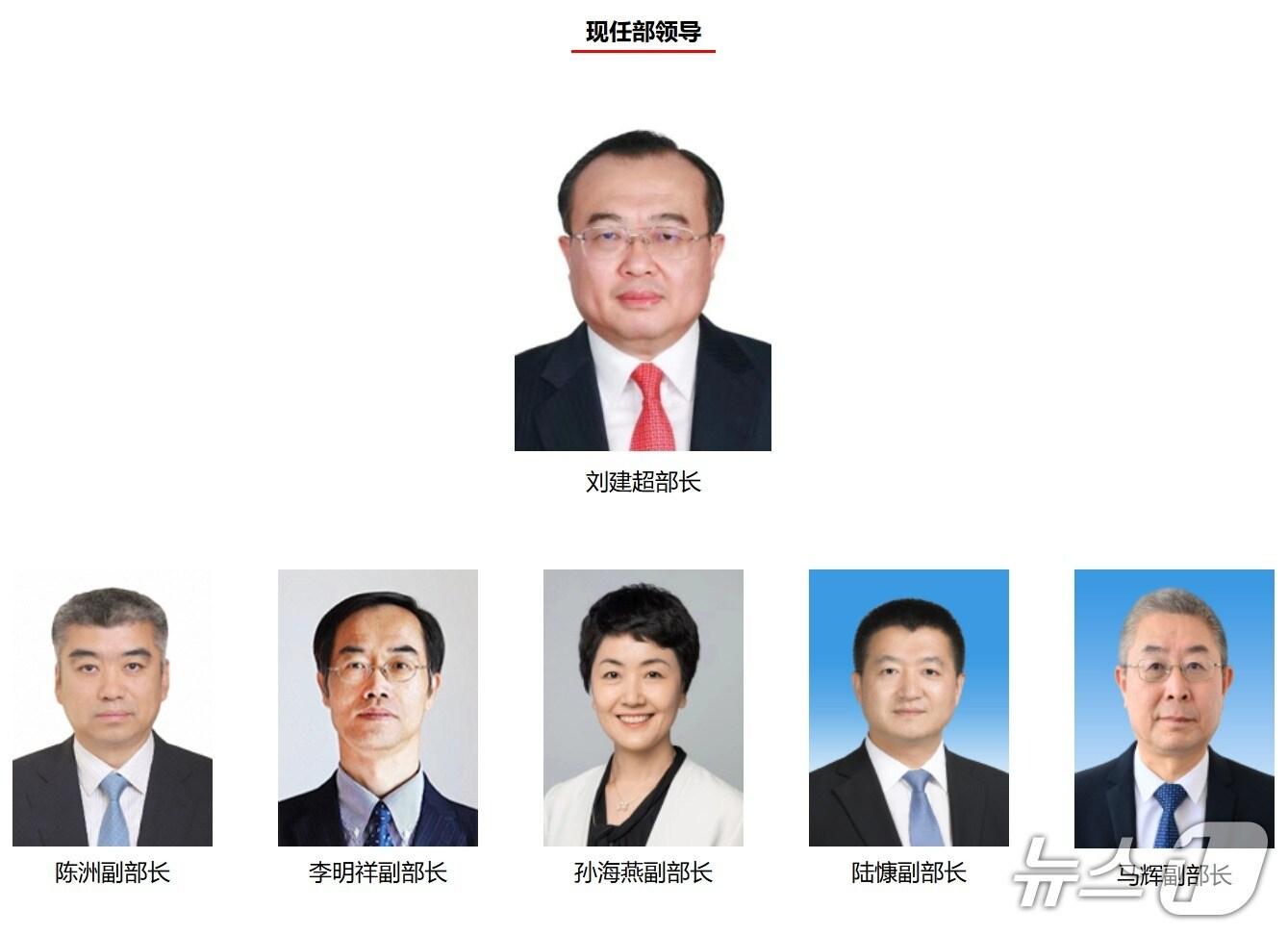 본문 이미지 - 류젠차오 중국 대외연락부 부장(사진 상단)과 5인의 대외연락부 부부장. (사진출처=대외연락부 홈페이지)